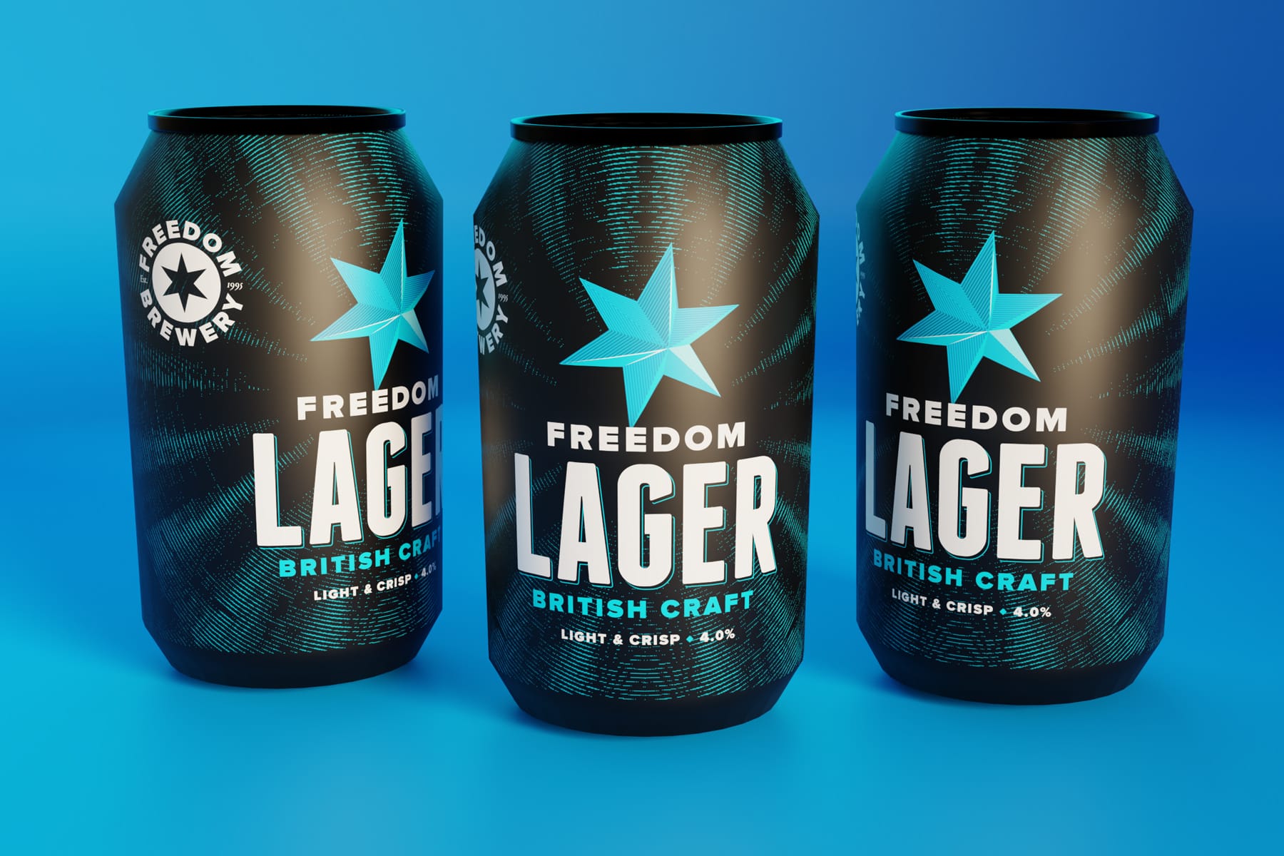 A set of three Freedom Brewery beer cans. CGI